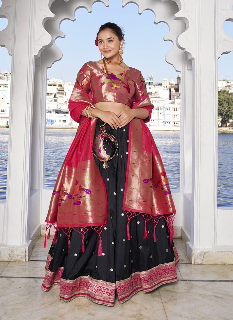 Black Banarasi Jacquard Silk Zari Work Lehenga