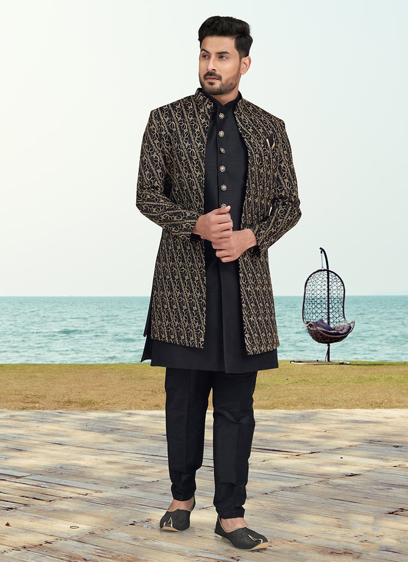 Black Banarasi Silk Embroidered Indowestern Sherwani Wedding Wear