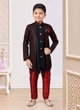 Black Banarasi Silk Embroidered Sequins Boys Indowestern Sherwani