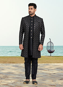 Black Banarasi Silk Embroidered Sequins Indowestern Sherwani