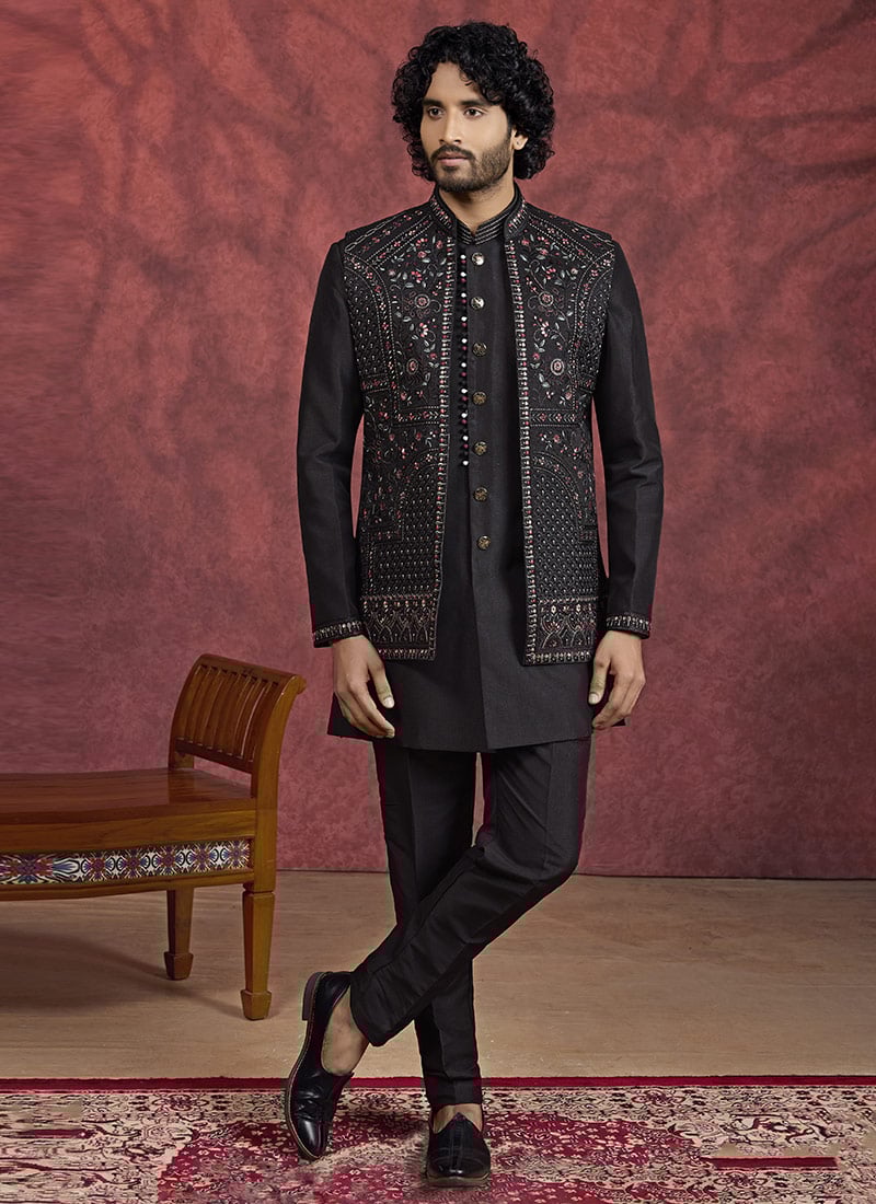 Black Banarasi Silk Embroidered Sequins Thread Bandi Set Festive Wear