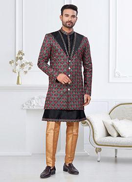 Black Banarasi Silk Embroidered Sequins Thread Indowestern Sherwani