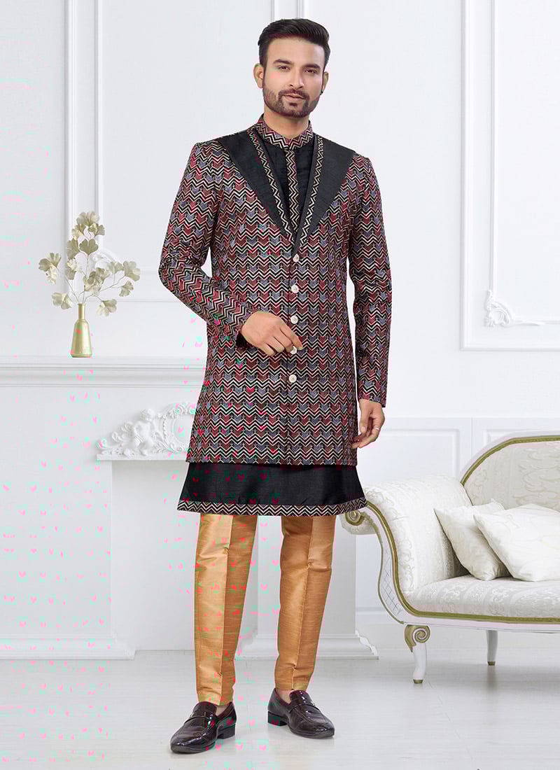 Black Banarasi Silk Embroidered Sequins Thread Indowestern Sherwani Festive Wear