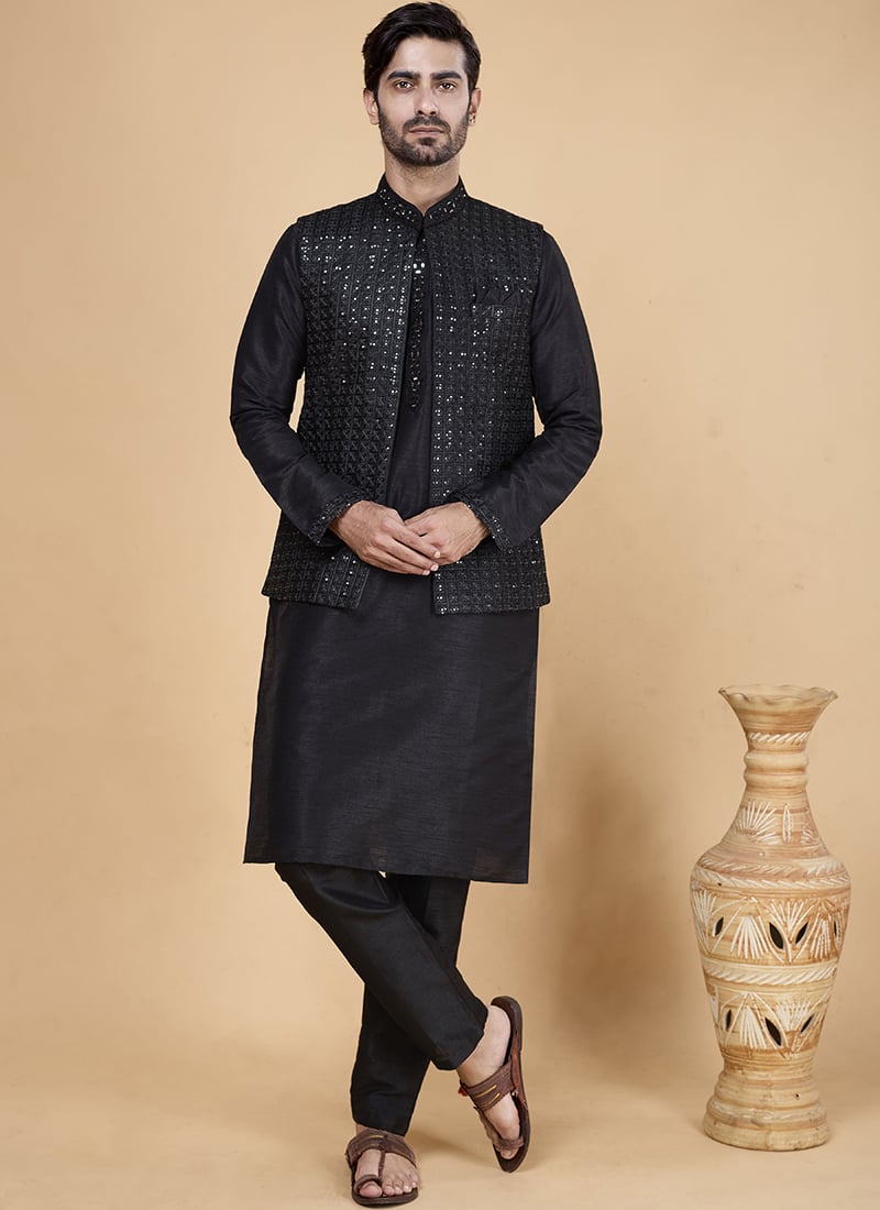 Black Banarasi Silk Embroidery Work Jacket Bandi Set Festive Wear