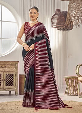 Black Banarasi Silk Ikkat Print Saree