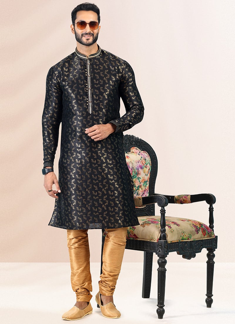 Black Banarasi Silk Jacquard Work Kurta Pyjama Party Wear