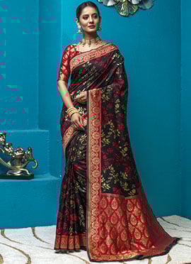 Black Banarasi Silk Jacquard Woven Traditional Saree