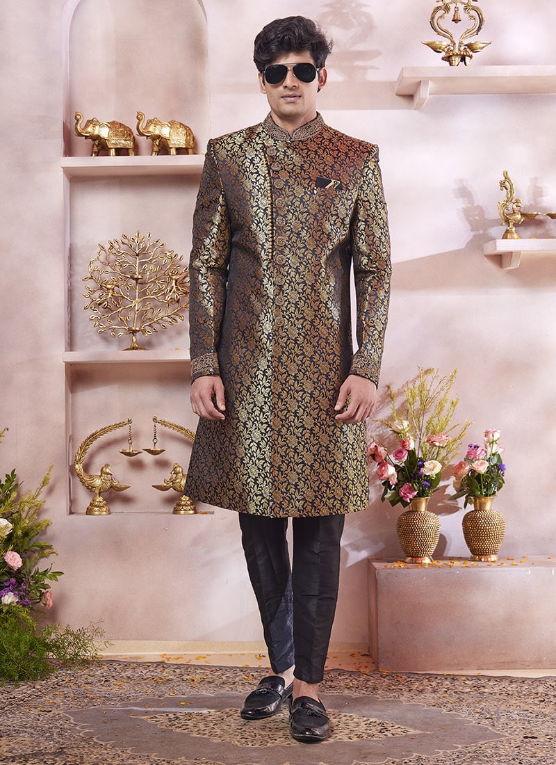 Black Banarasi Silk Jacquard Zardosi Hand Work Indowestern Sherwani