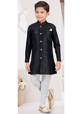 Black Banarasi Silk Thread Sequins Kids Boys Indowestern Sherwani