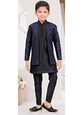 Black Banarasi Silk Thread Sequins Kids Boys Indowestern Sherwani