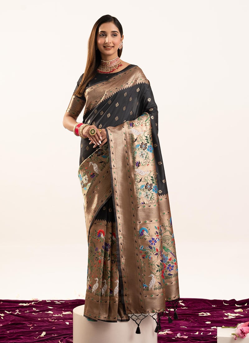 Black Banarasi Silk Zari Jacquard Meenakari Woven Saree Festive Wear