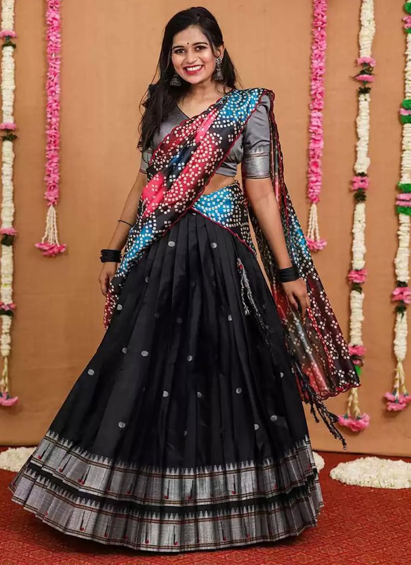 Black Banarasi Silk Zari Weaving Umbrella Lehenga Festive Wear