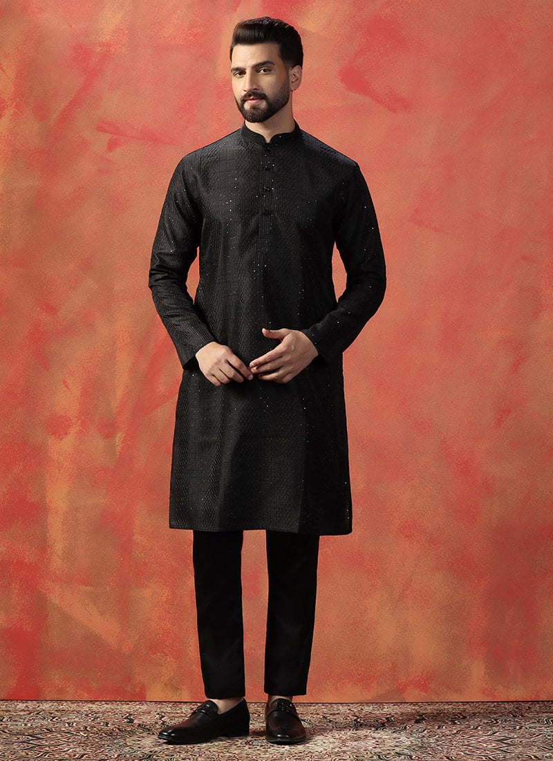 Black Banglory Silk Embroidered Kurta Pyjama Festive Wear