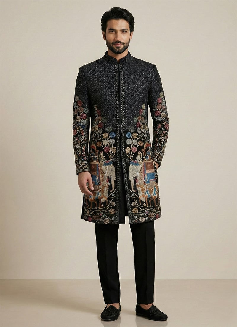 Black Beaded Embroidered Velvet Indowestern Sherwani Wedding Wear
