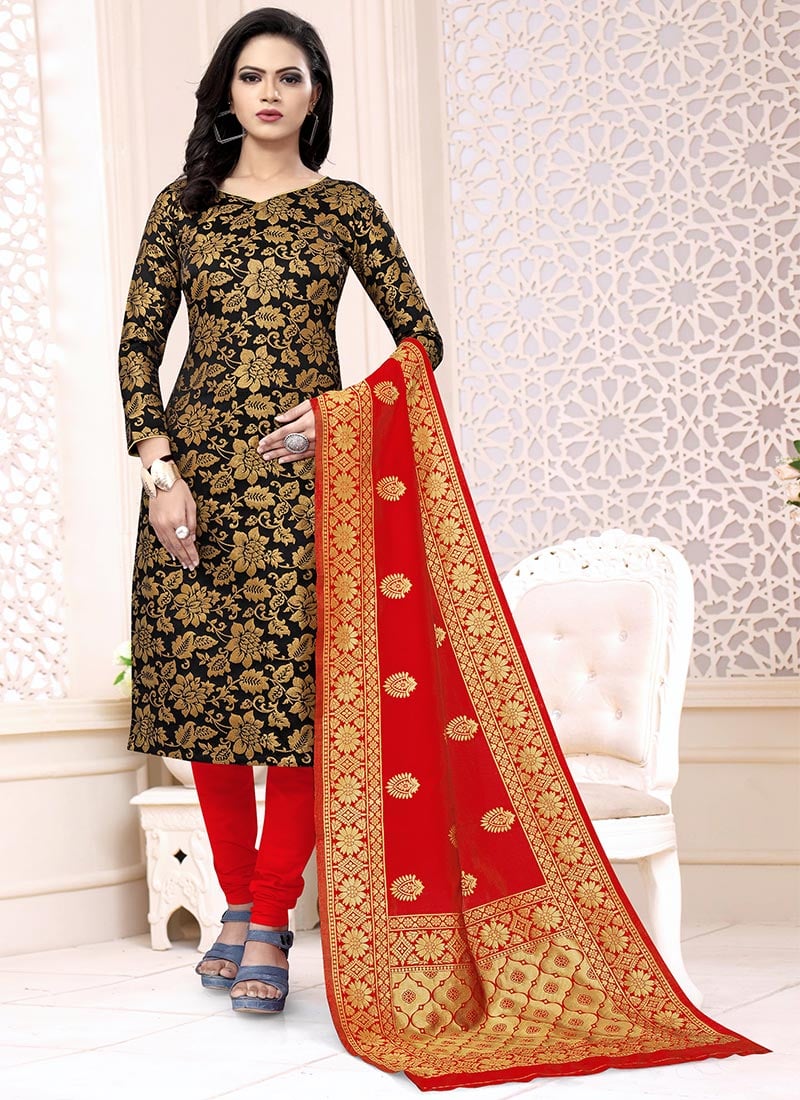 Black Benarasi Art Silk Churidar Suit