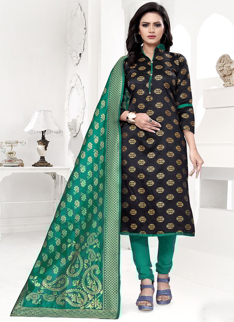 Black Benarasi Art Silk Churidar Suit