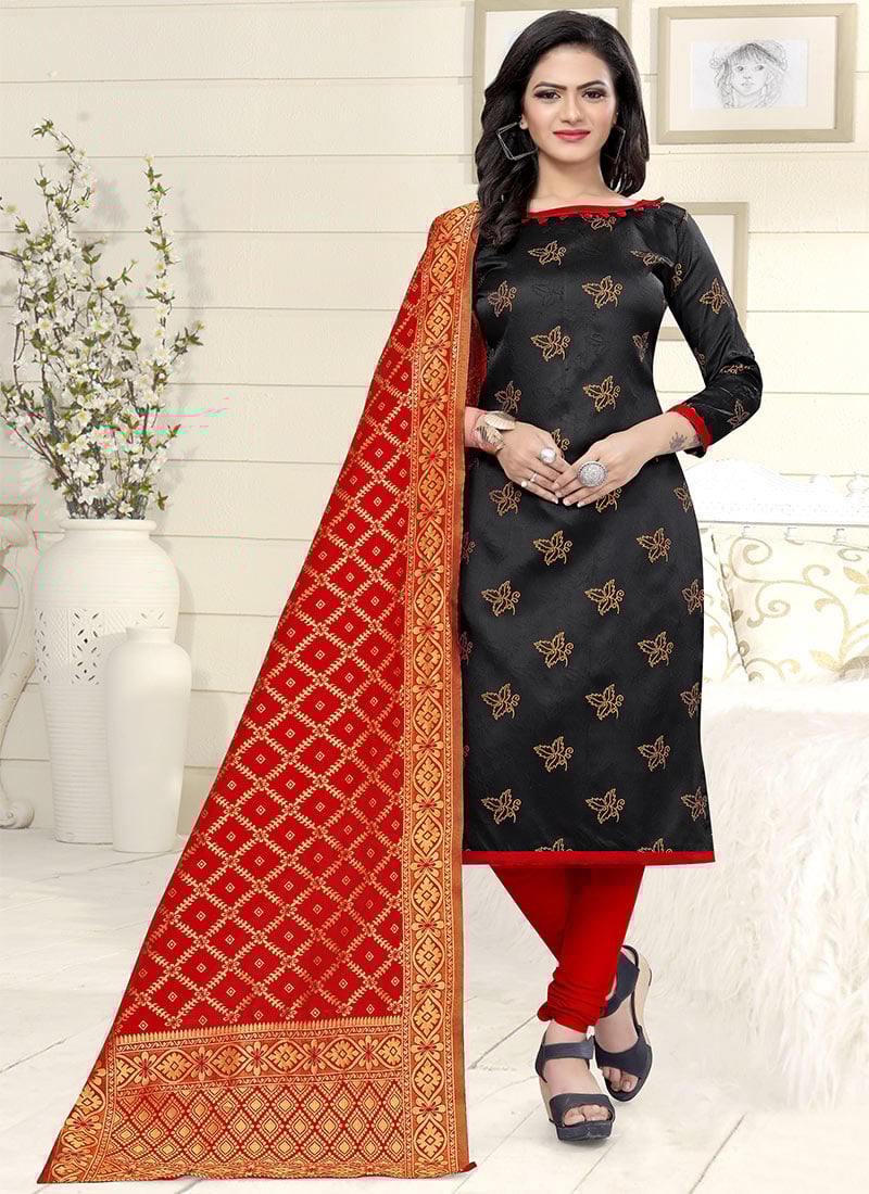 Black Benarasi Art Silk Churidar Suit