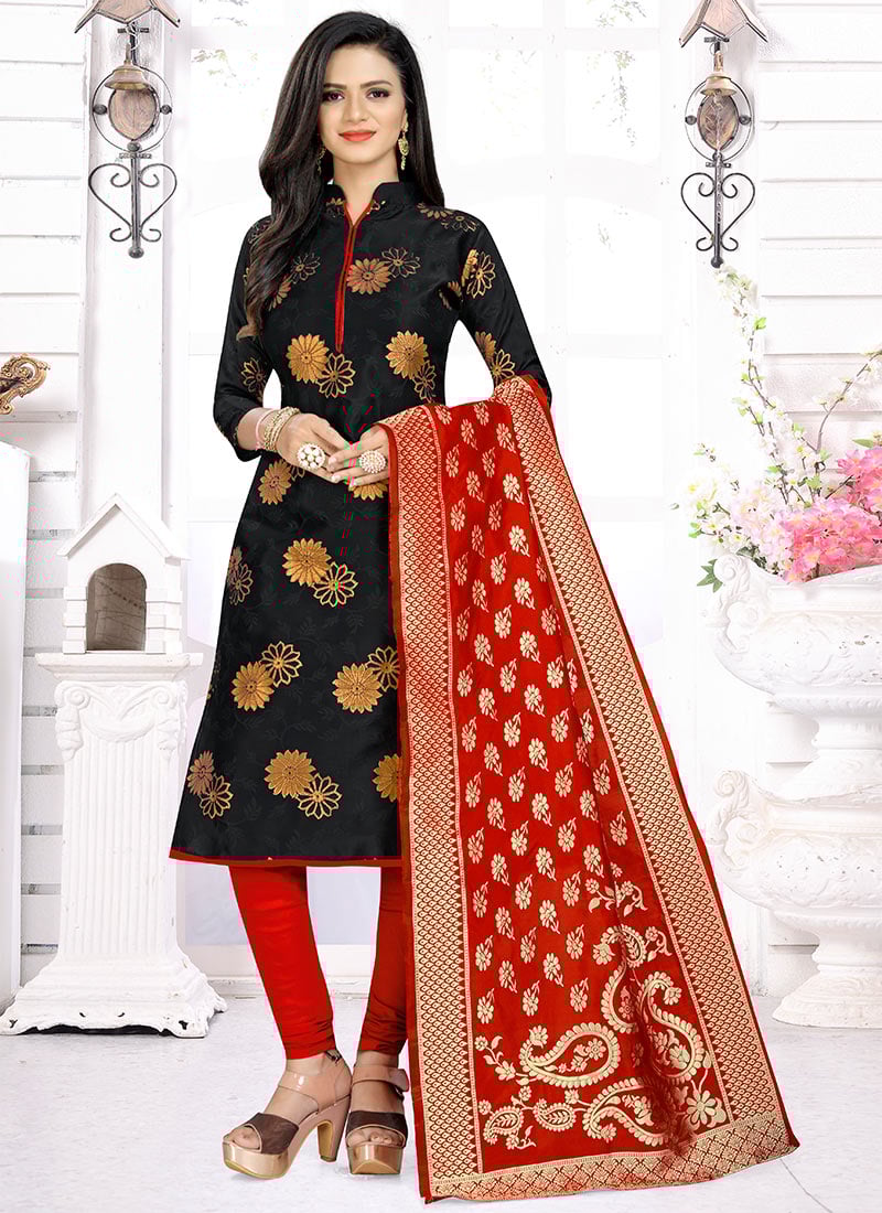 Black Benarasi Art Silk Churidar Suit