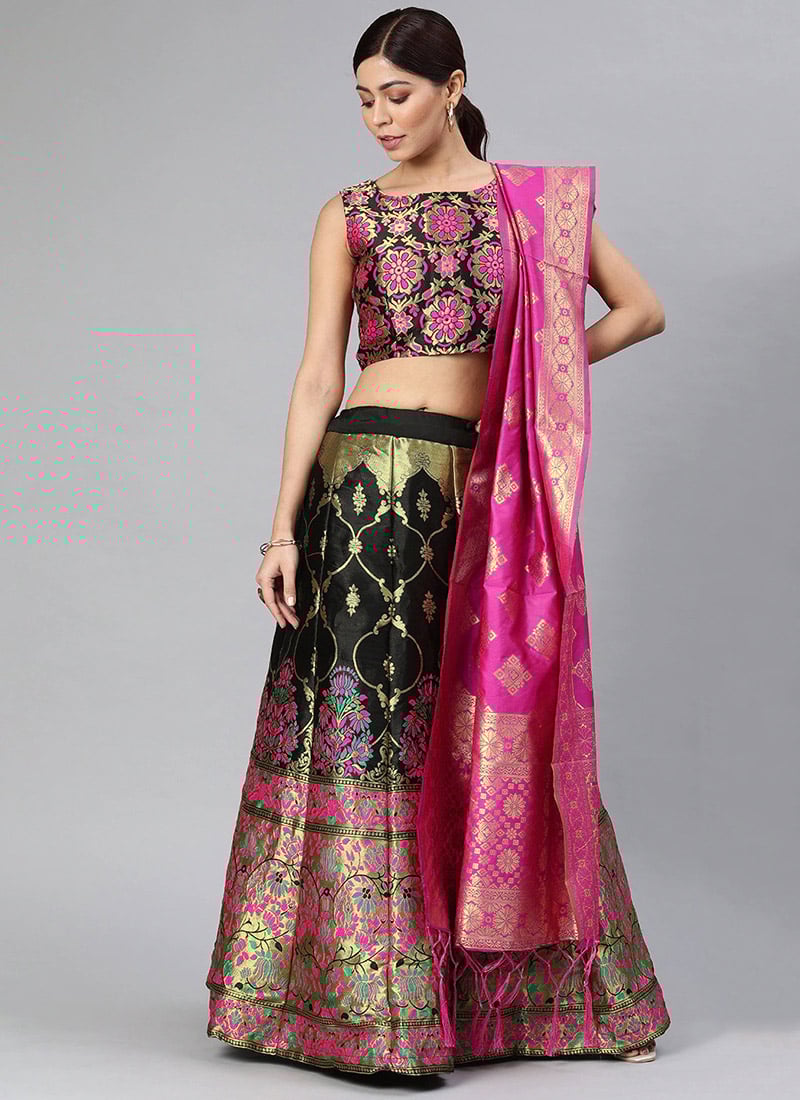 Black Benarasi Silk Brocade A Line Lehenga Festive Wear
