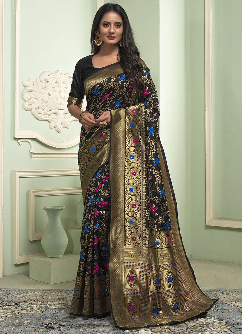 Black Benarasi Silk Jacquard Woven Saree Festive Wear