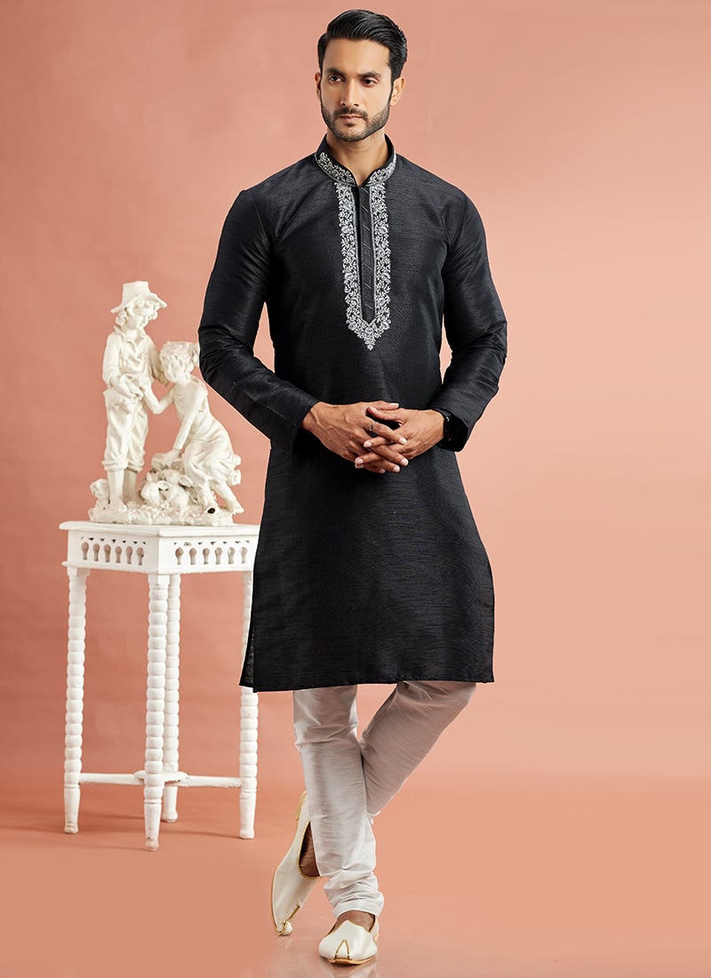 Black Benarasi Silk Thread Embroidered Kurta Pyjama Festive Wear