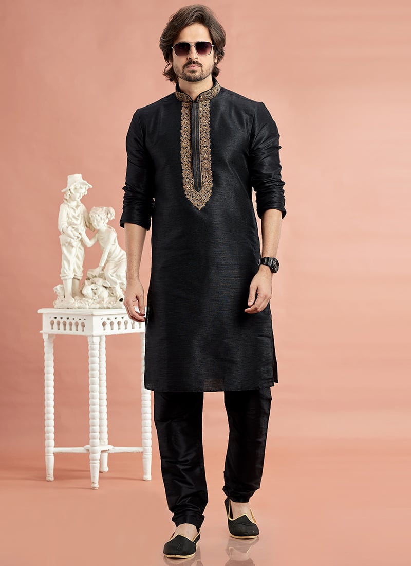Black Benarasi Silk Thread Embroidered Kurta Pyjama Festive Wear
