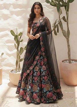 Black Bhagalpuri Silk Printed Floral Print Umbrella Lehenga
