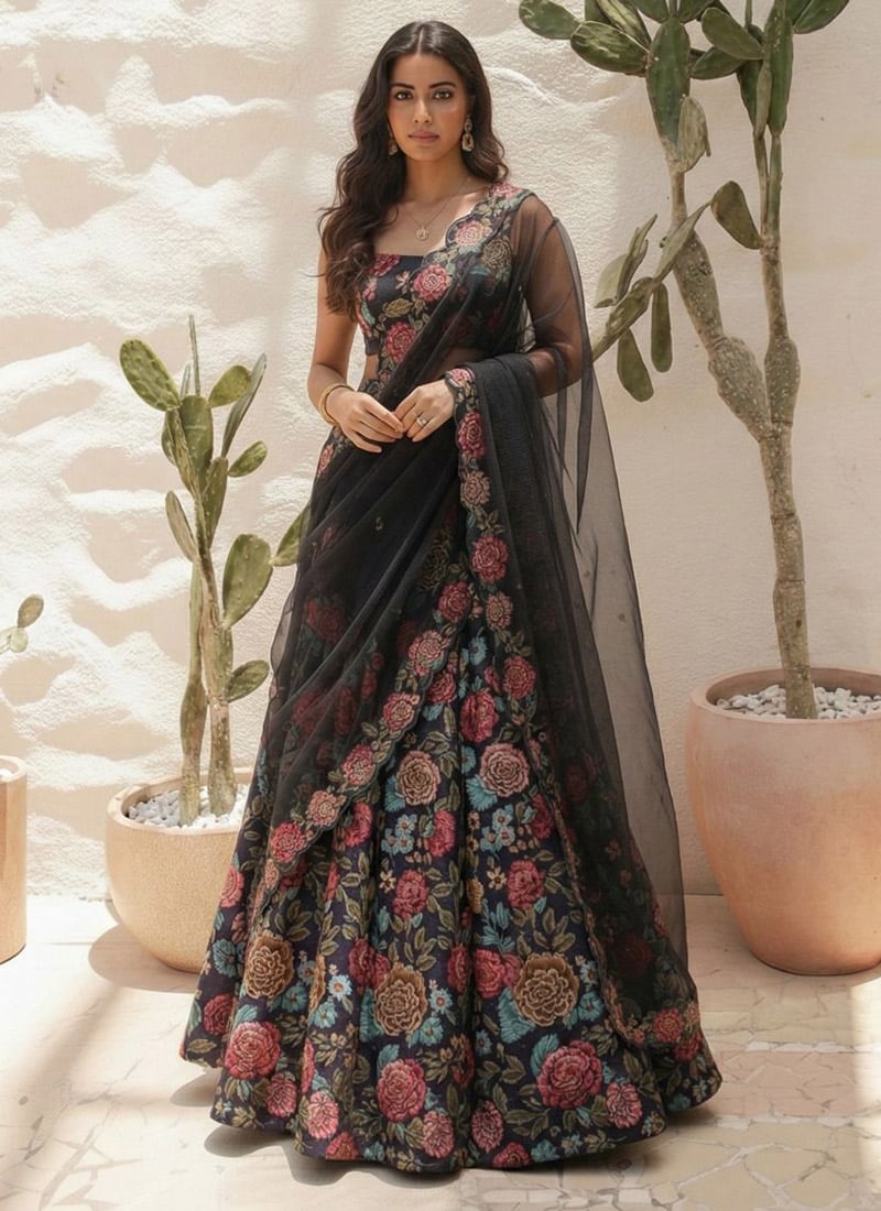 Black Bhagalpuri Silk Printed Floral Print Umbrella Lehenga After Six Wear