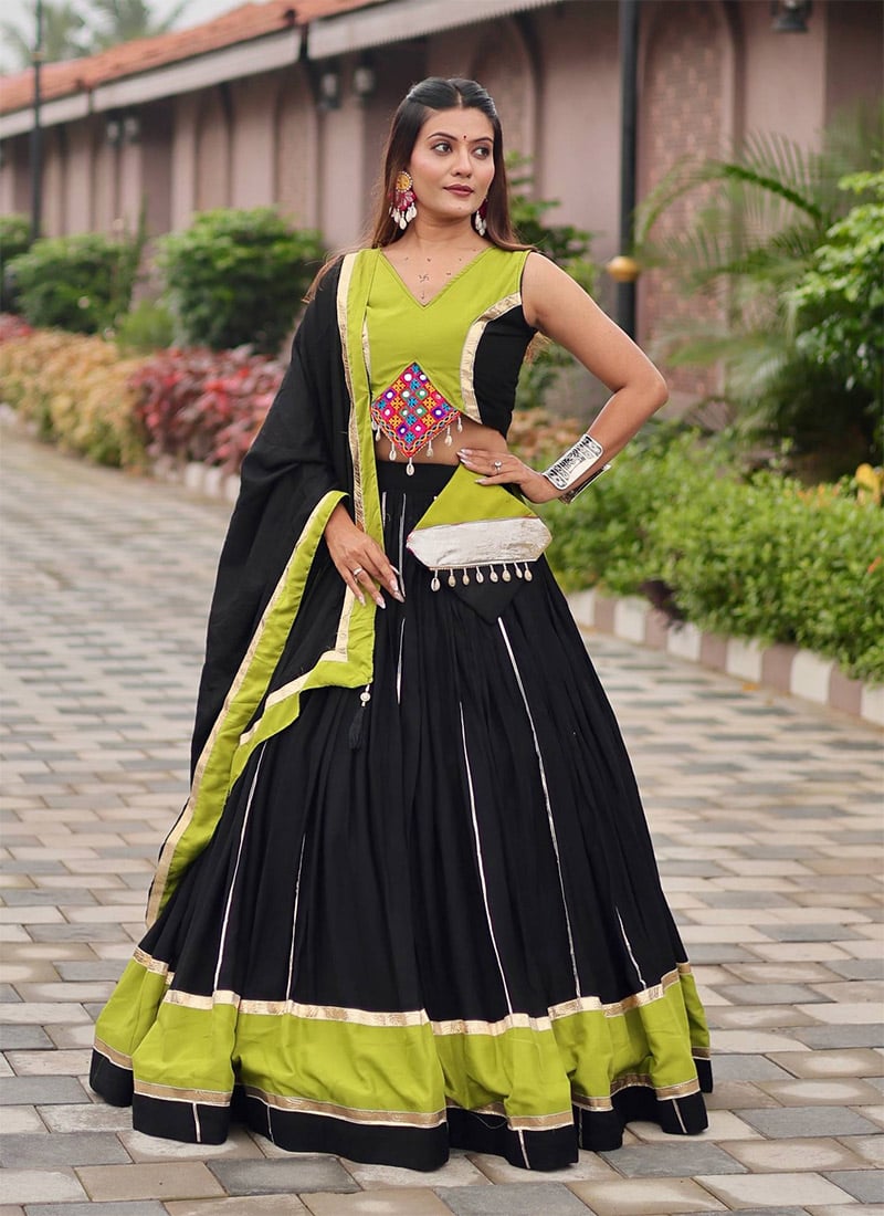 Black Blended Cotton Chaniya Choli With Kutch Work And Gota Work Festive Wear