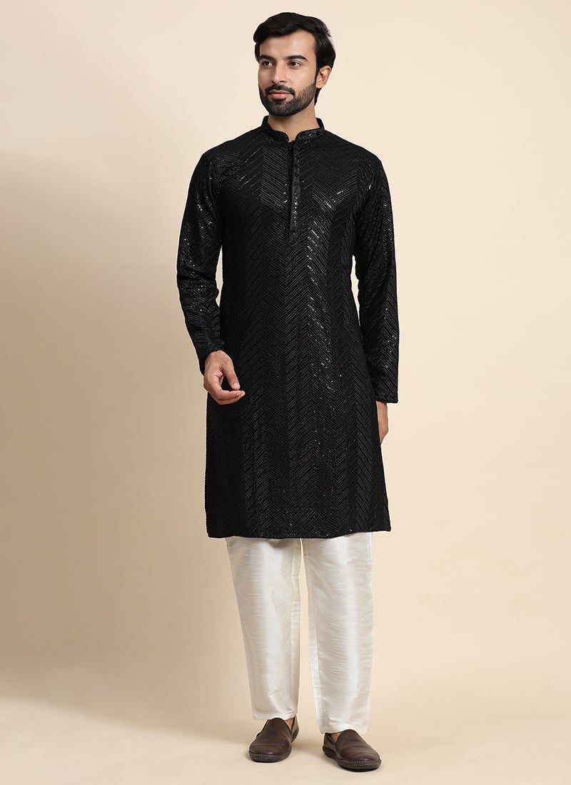 Black Blended Cotton Embroidered Sequins Kurta