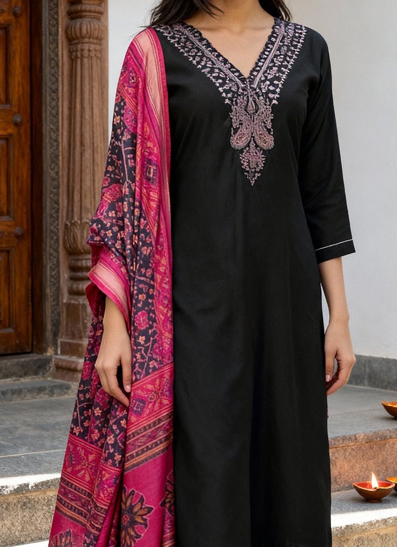 Black Block Printed Salwar Kameez Kurta Set with Dupatta for Women main image 1
