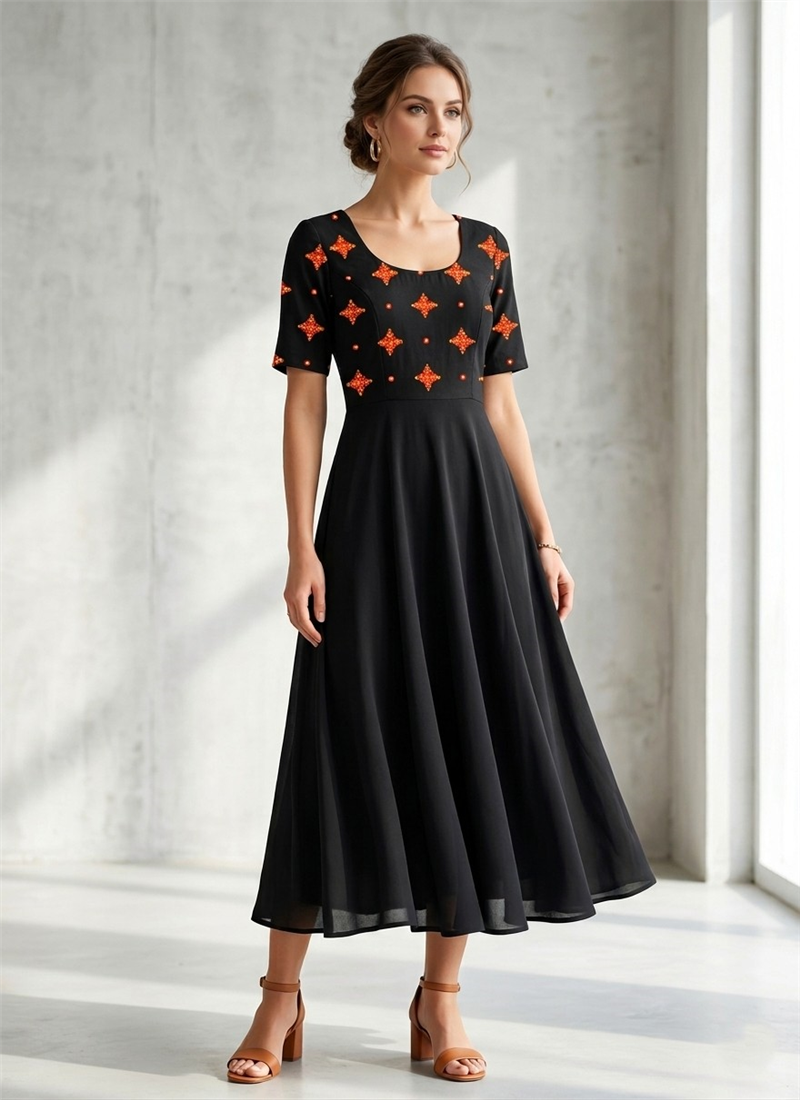 Black Blended Cotton Fit And Flare Midi Dress After Six Wear