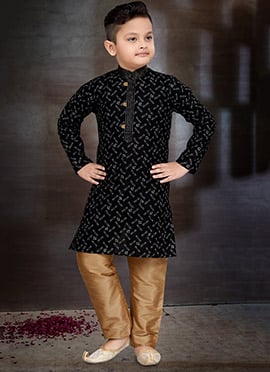 Black Blended Cotton Printed Kids Boys Kurta Pyjama