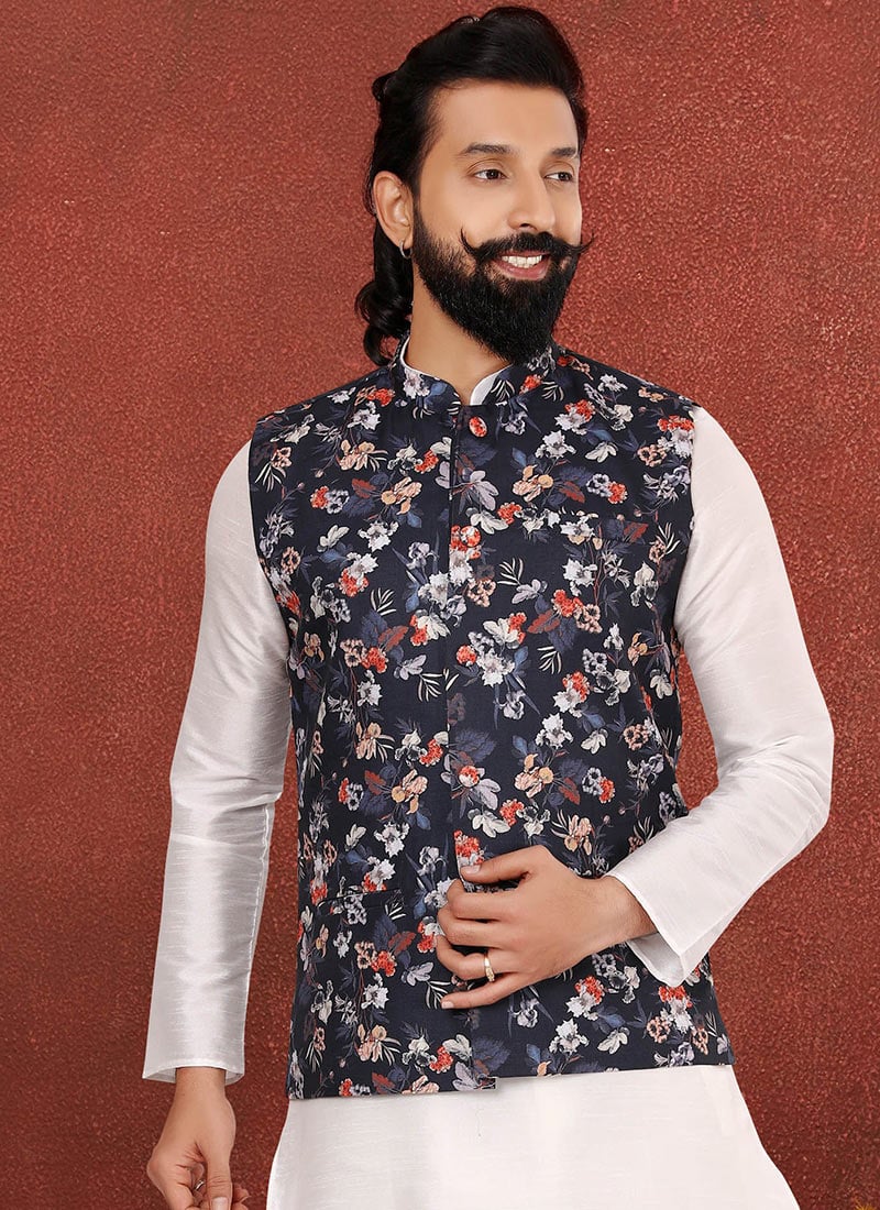 Black Blended Cotton Printed Nehru jacket
