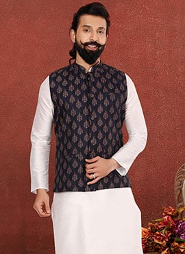 Black Blended Cotton Printed Nehru jacket
