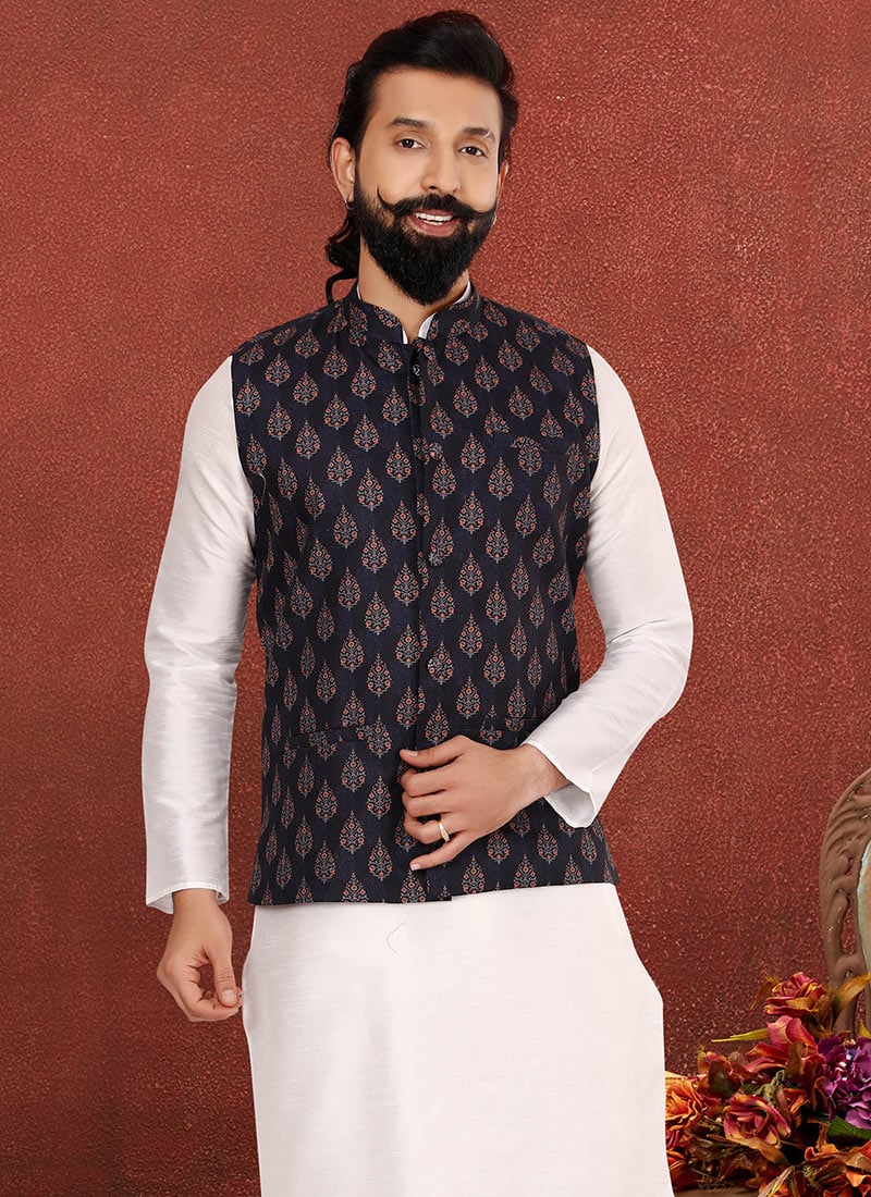 Black Blended Cotton Printed Nehru jacket