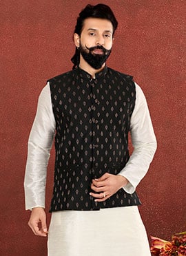 Black Blended Cotton Printed Nehru jacket