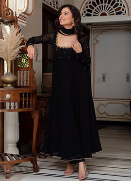 Black Blooming Embroidered Anarkali Suit