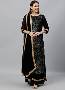 Black Boat Neck Embroidered Palazzo suit