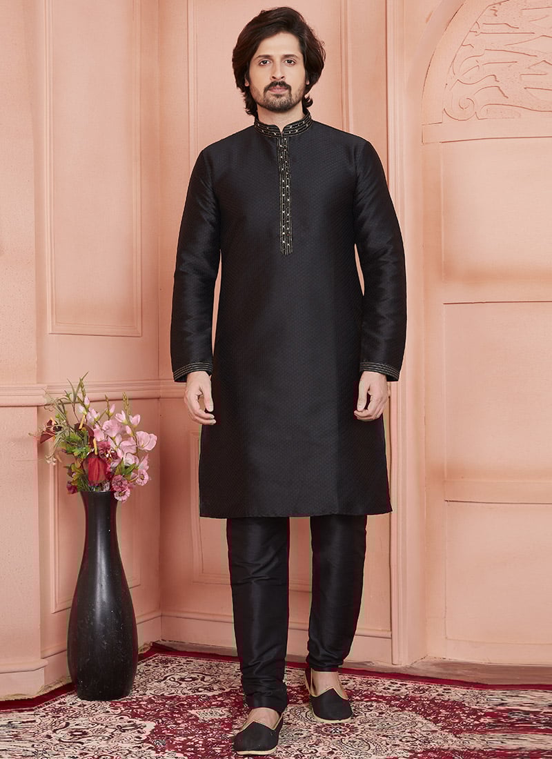 Black Brocade Jacquard Silk Kurta Pyjama Festive Wear