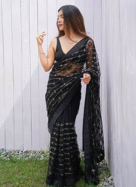 Black Butterfly Net Stone Work Sequins Saree