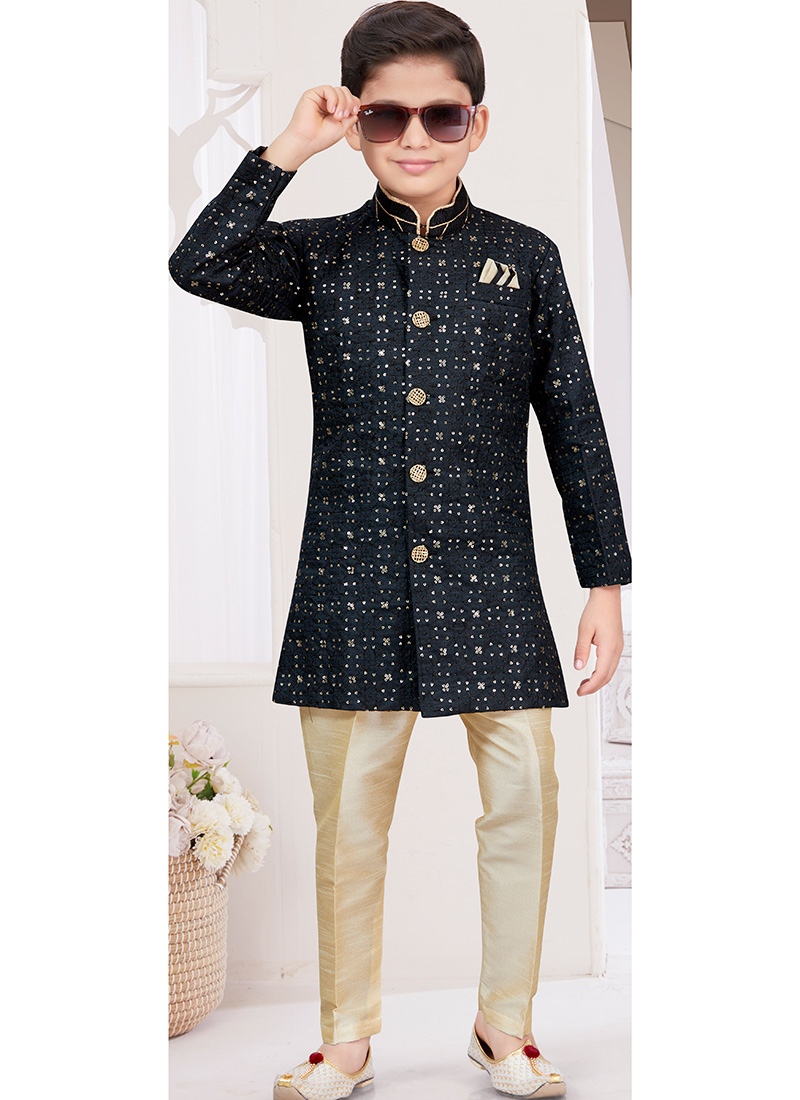 Black Champion Silk Sequins Kids Boys Indowestern Sherwani Wedding Wear