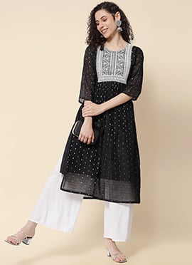 Black Chanderi Modal Embroidered Long Kurti