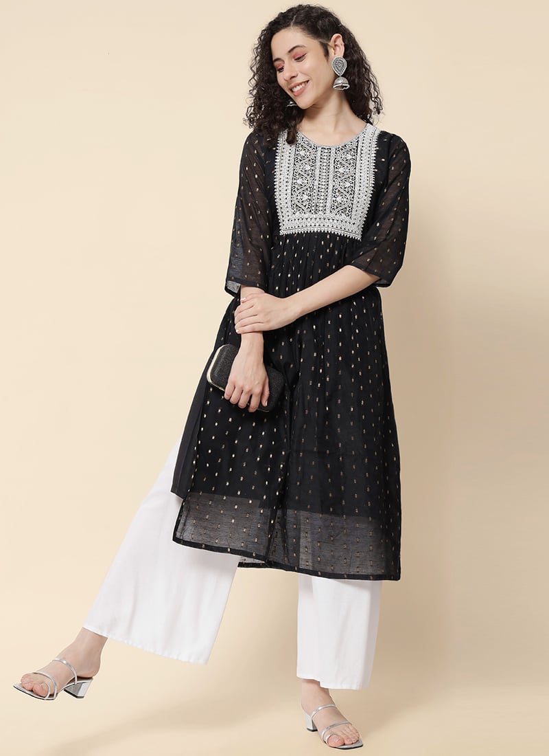 Black Chanderi Modal Embroidered Long Kurti After Six Wear