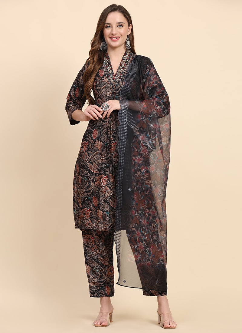 Black Chanderi Printed Embroidered Classic Straight Pant Suit Festive Wear