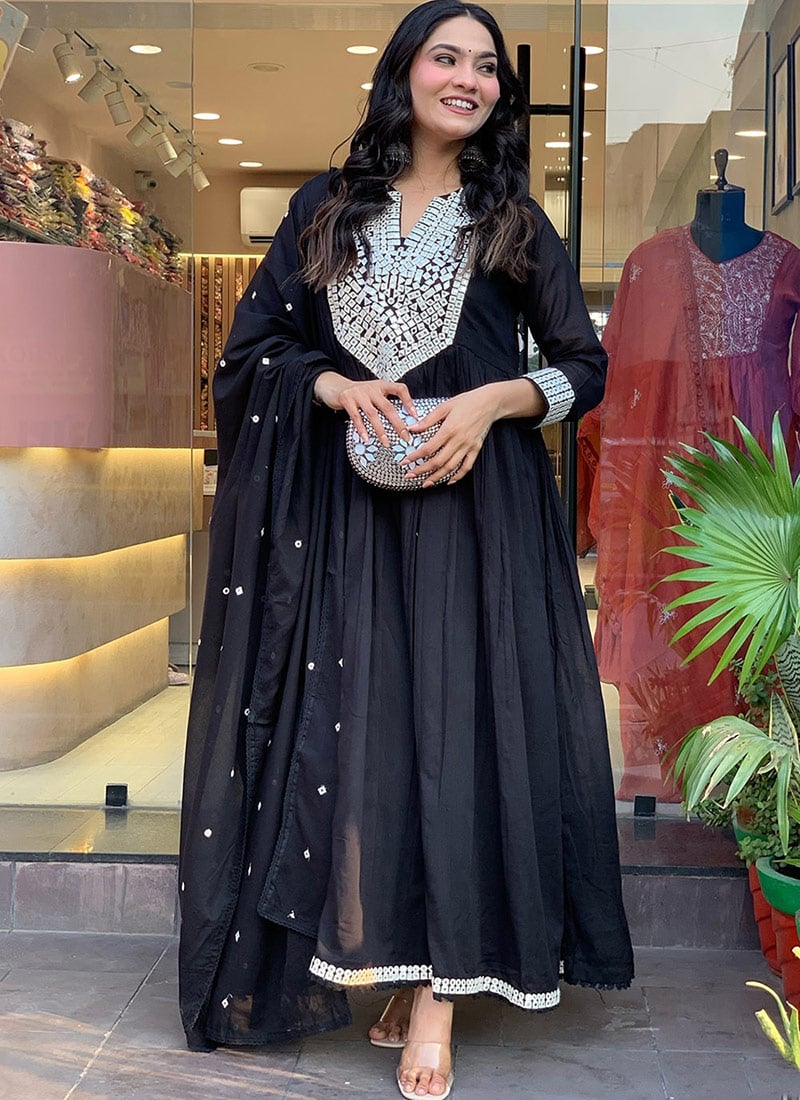 Black Chanderi Silk Embroidered Foil Mirror Anarkali Suit After Six Wear