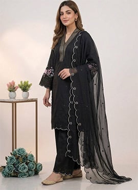 Black Chanderi Silk Embroidered Sequins With Cutwork Palazzo Suit