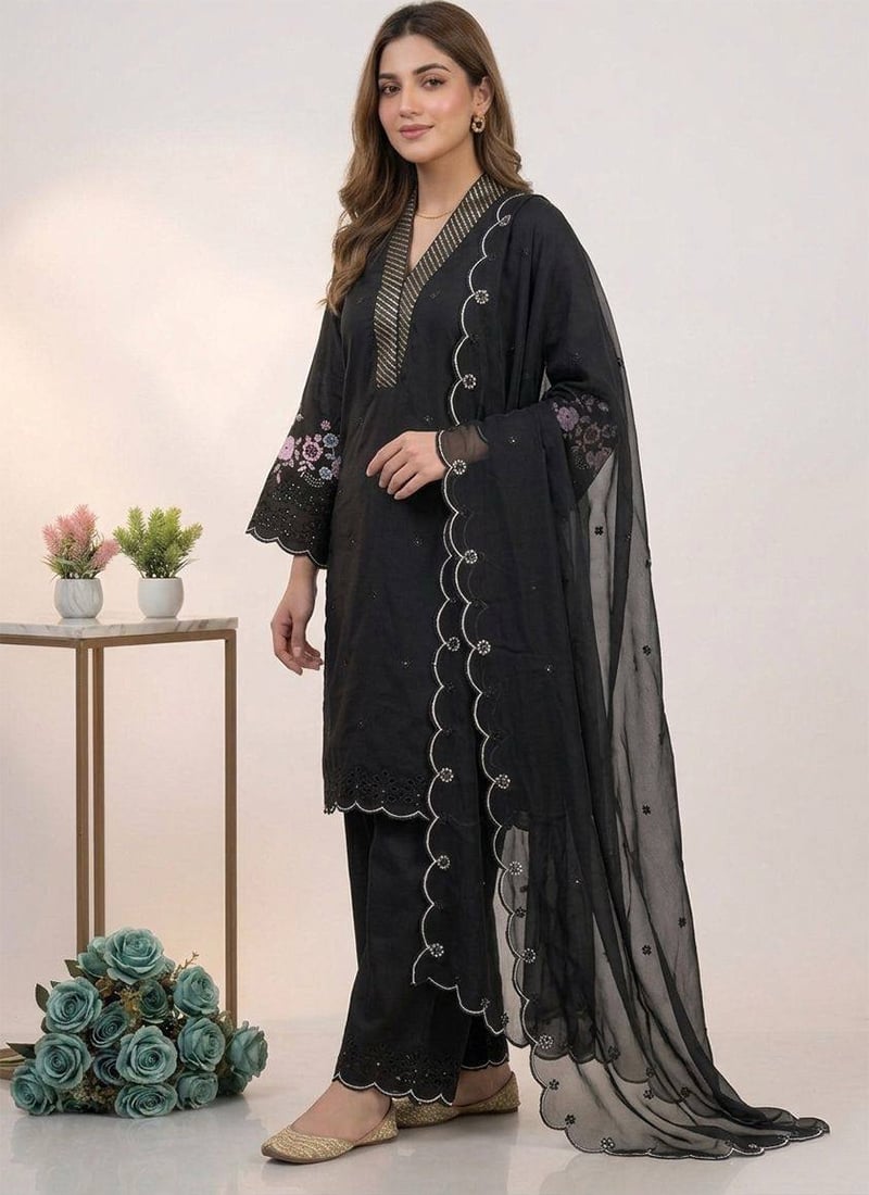 Black Chanderi Silk Embroidered Sequins With Cutwork Palazzo Suit Festive Wear