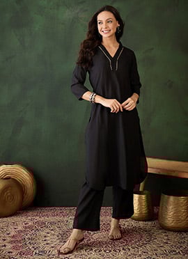 Black Chanderi Silk Kurta Straight Pant Suit
