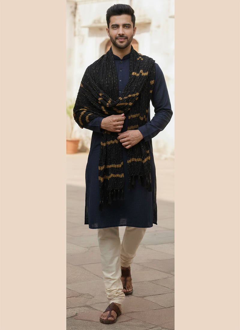 Black Chanderi Silk Zari Mens Stole